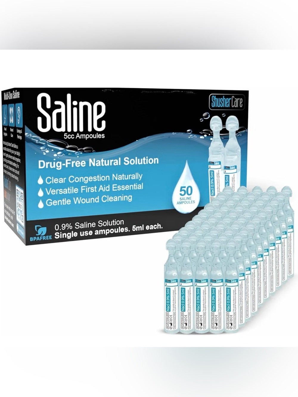 Saline Ampoules 0.9% Sodium Chloride 50ct 5ml Shusher Care EXP: 3/28